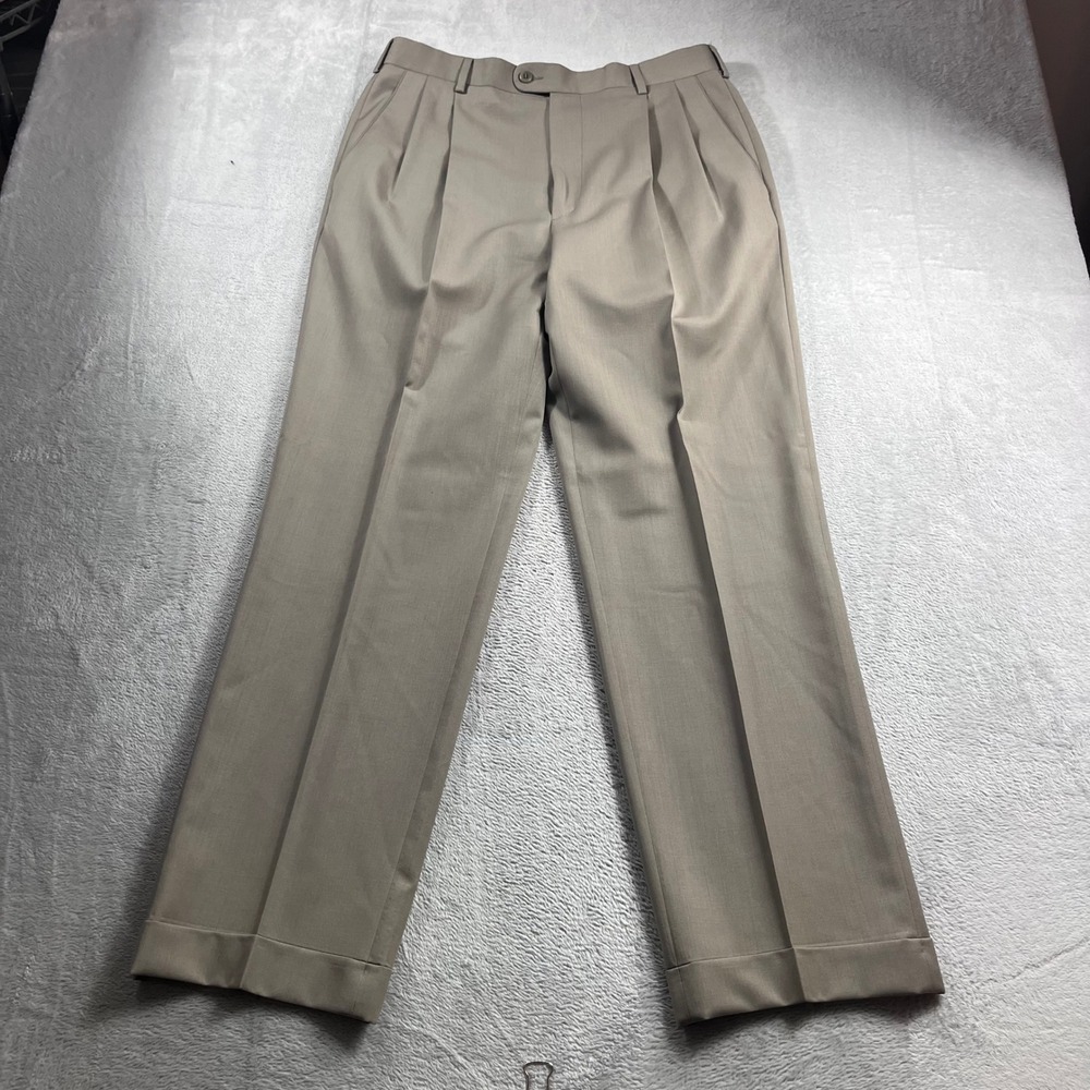 Zanella Bennett Men 33 Tan Pleated Cuffed Virgin Wool Dress Pants Made in Italy